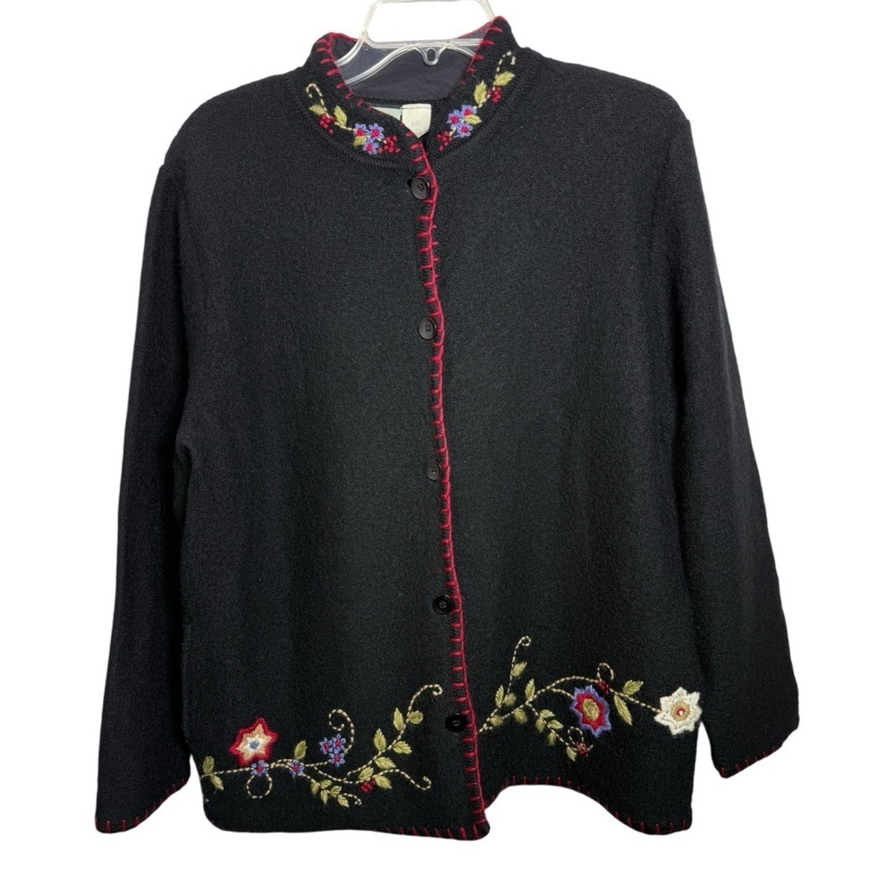 Vintage Floral Embroidered Boiled Wool Cardigan Sweater Jacket Size Large Black